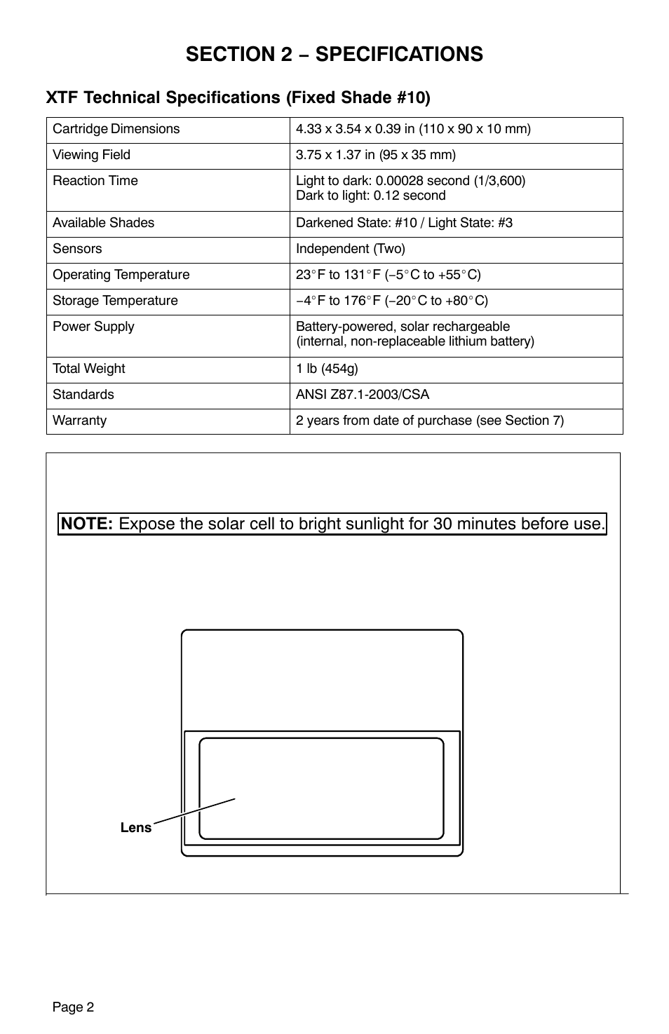 Xtf technical specifications (fixed shade #10) | Hobart Welding Products XTF User Manual | Page 4 / 16