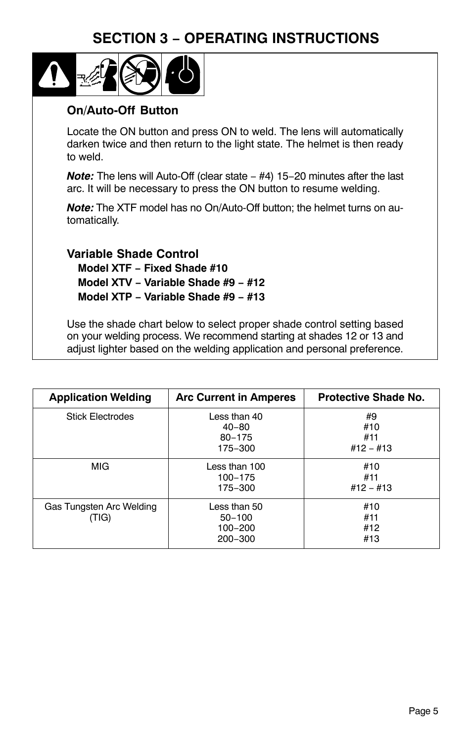 On/auto-off button, Variable shade control | Hobart Welding Products XTF User Manual | Page 7 / 16