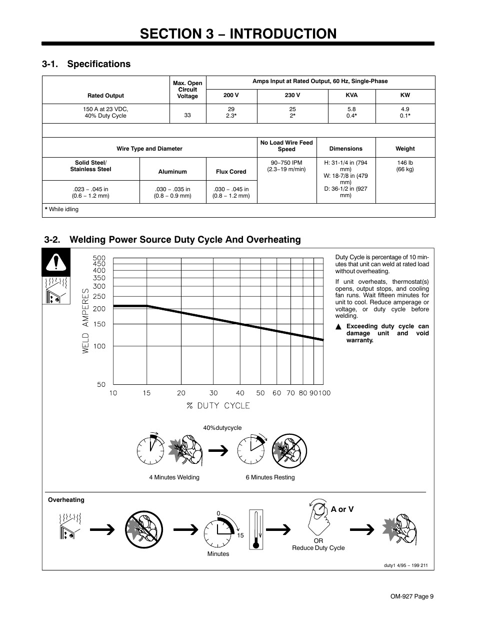 Section 3 − introduction, 1. specifications, 2. welding power source duty cycle and overheating | Hobart Welding Products IRONMAN M-10 User Manual | Page 13 / 56