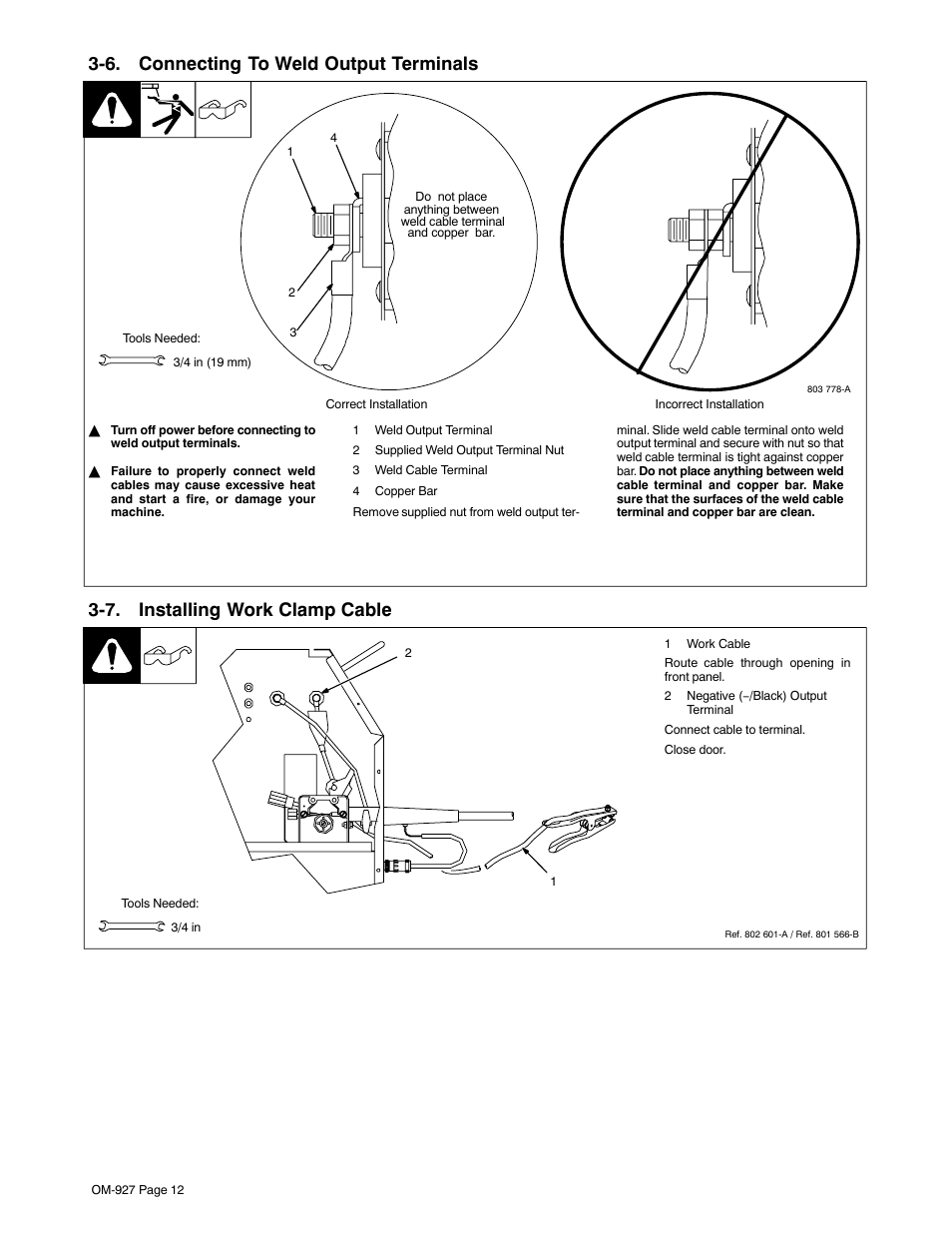 6. connecting to weld output terminals, 7. installing work clamp cable | Hobart Welding Products IRONMAN M-10 User Manual | Page 16 / 56