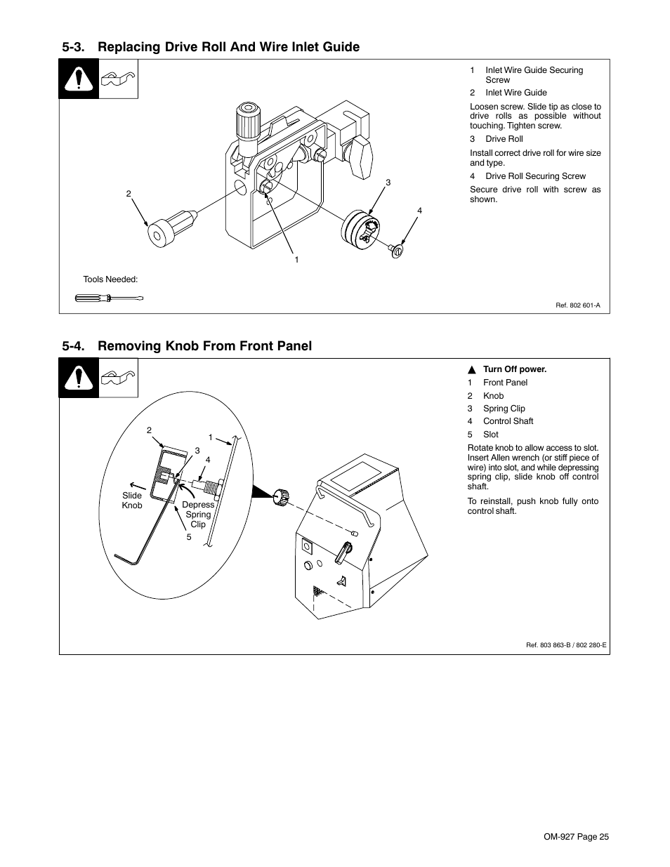3. replacing drive roll and wire inlet guide, 4. removing knob from front panel | Hobart Welding Products IRONMAN M-10 User Manual | Page 29 / 56