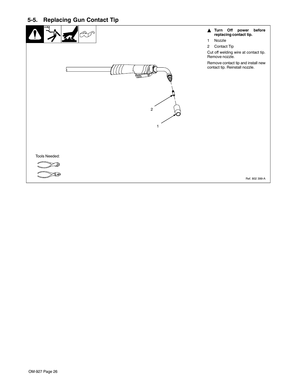 5. replacing gun contact tip | Hobart Welding Products IRONMAN M-10 User Manual | Page 30 / 56