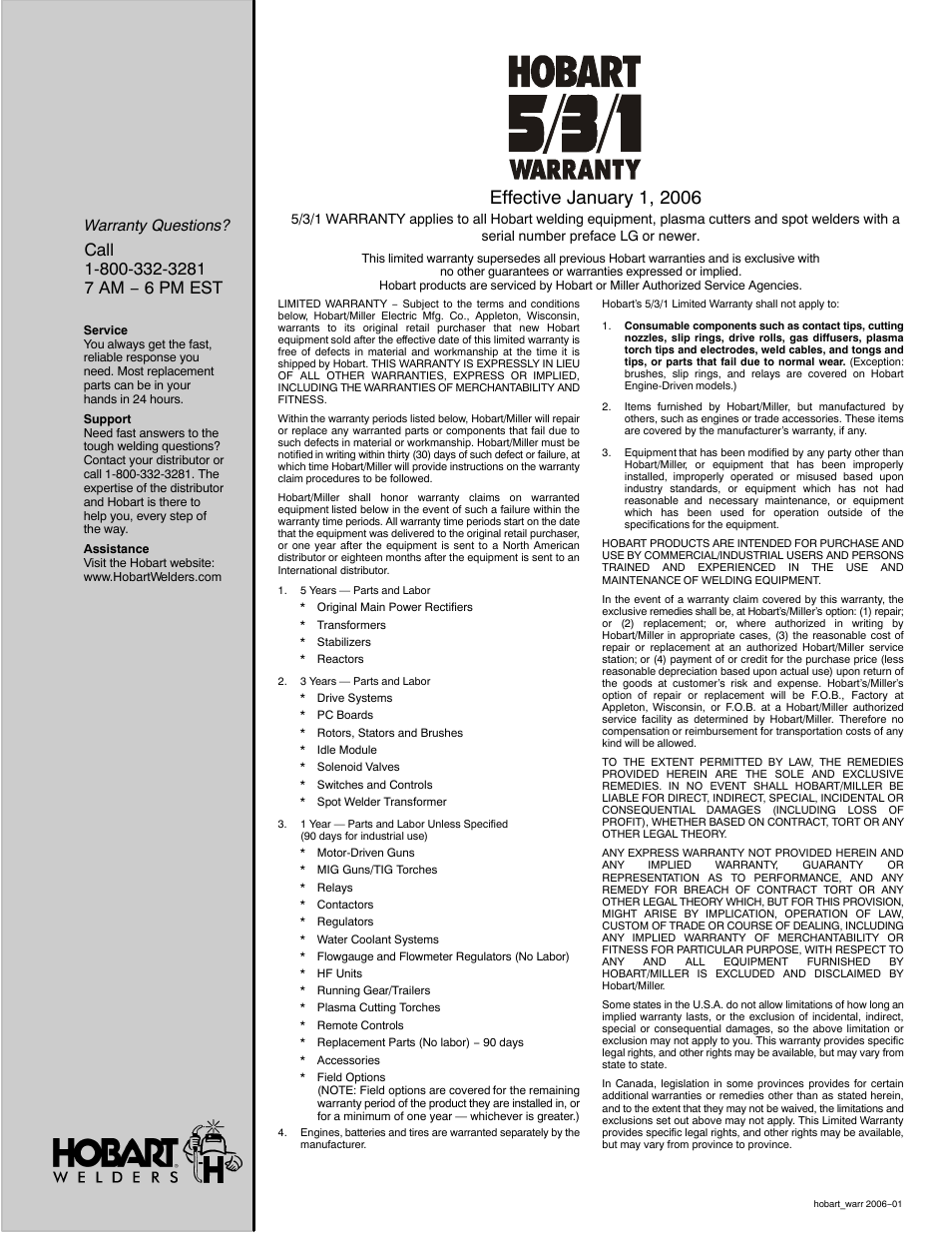 Warranty questions | Hobart Welding Products IRONMAN M-10 User Manual | Page 55 / 56