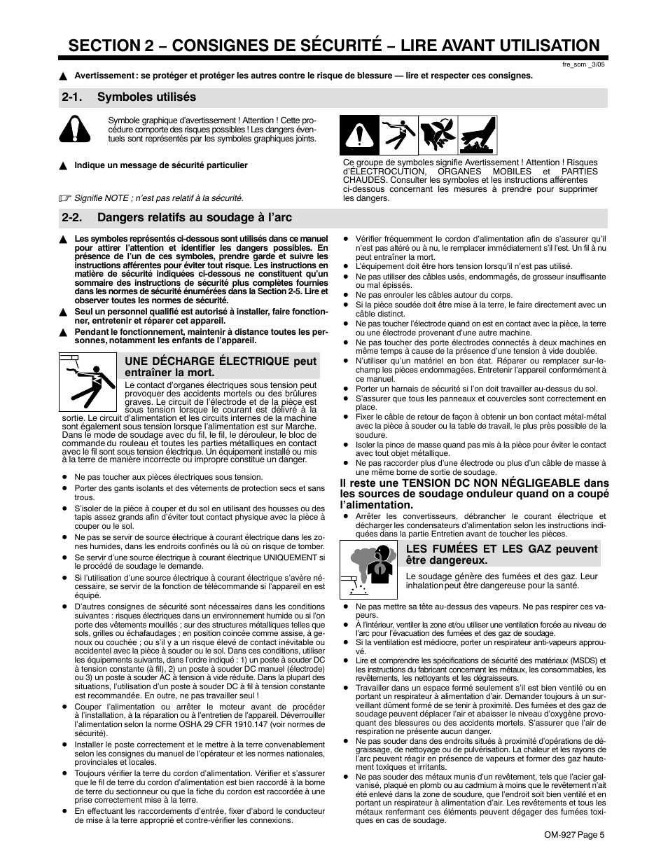 1. symboles utilisés, 2. dangers relatifs au soudage à l’arc | Hobart Welding Products IRONMAN M-10 User Manual | Page 9 / 56