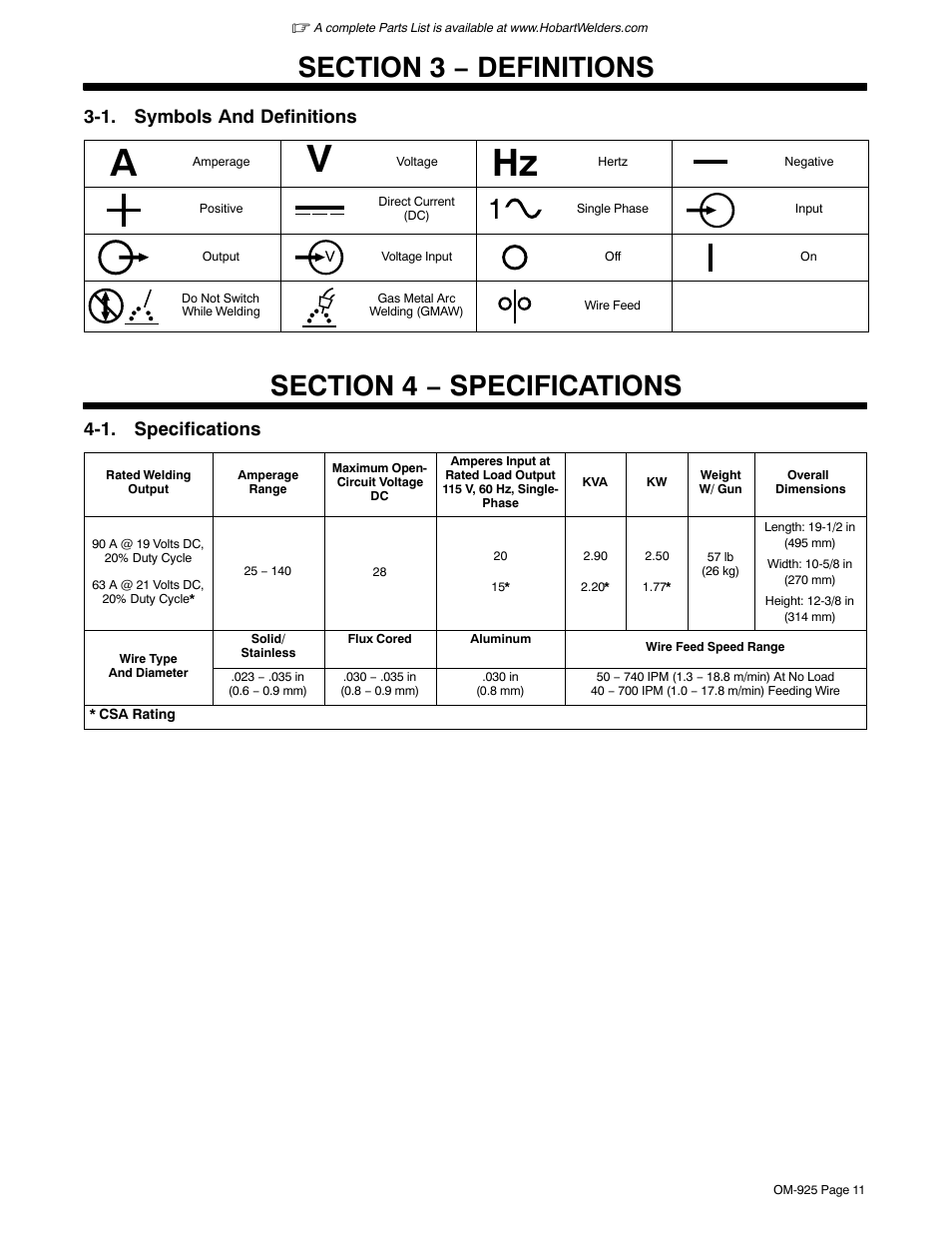 Section 3 − definitions, 1. symbols and definitions, Section 4 − specifications | 1. specifications | Hobart Welding Products HANDLER 140 OM-925 User Manual | Page 15 / 48