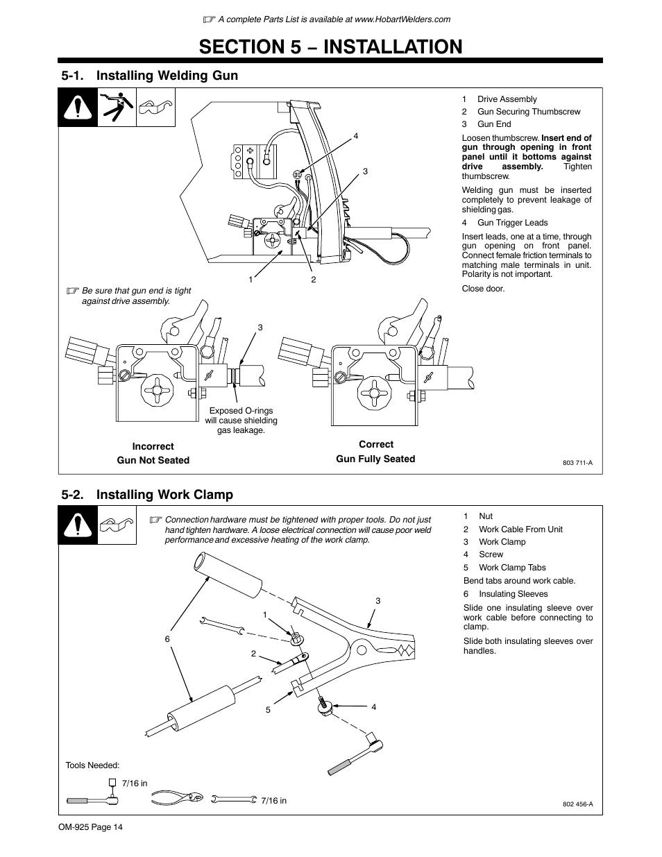 Section 5 − installation, 1. installing welding gun, 2. installing work clamp | Hobart Welding Products HANDLER 140 OM-925 User Manual | Page 18 / 48