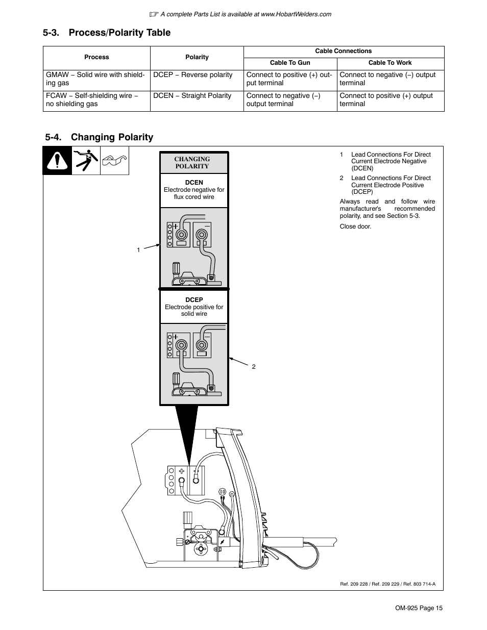 3. process/polarity table, 4. changing polarity | Hobart Welding Products HANDLER 140 OM-925 User Manual | Page 19 / 48