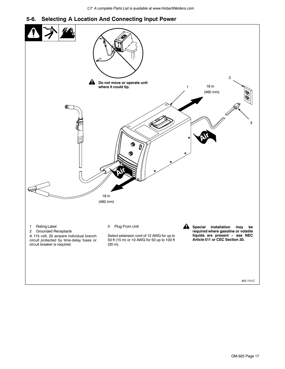 6. selecting a location and connecting input power | Hobart Welding Products HANDLER 140 OM-925 User Manual | Page 21 / 48