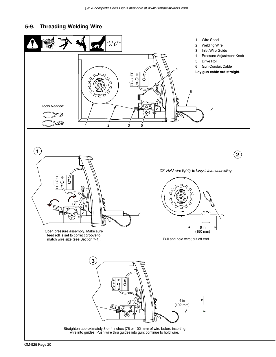 9. threading welding wire | Hobart Welding Products HANDLER 140 OM-925 User Manual | Page 24 / 48