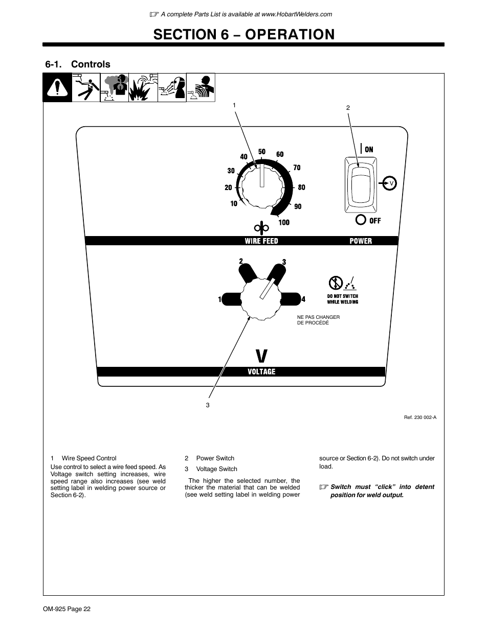 Section 6 − operation, 1. controls | Hobart Welding Products HANDLER 140 OM-925 User Manual | Page 26 / 48