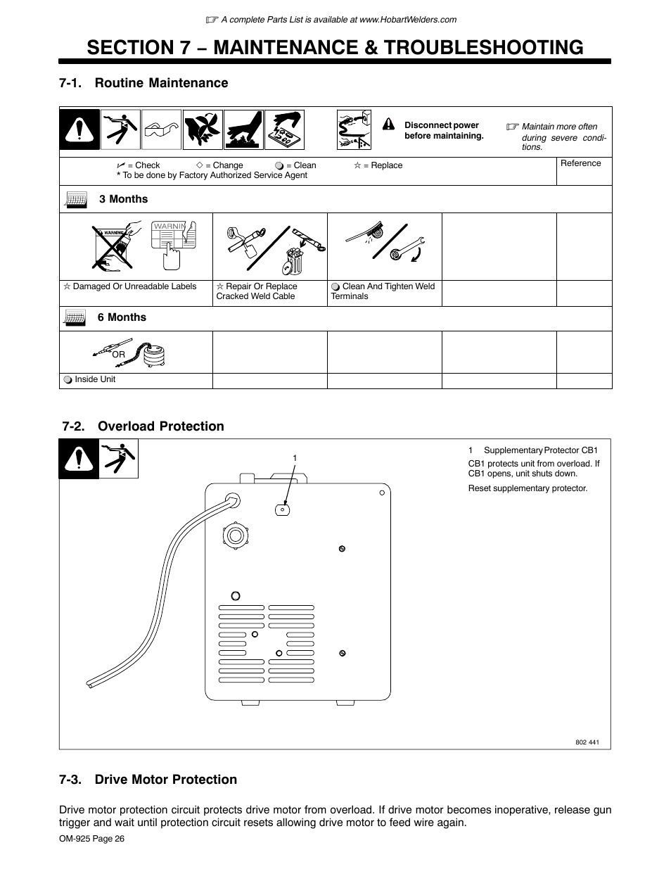 Section 7 − maintenance & troubleshooting, 1. routine maintenance, 2. overload protection | 3. drive motor protection | Hobart Welding Products HANDLER 140 OM-925 User Manual | Page 30 / 48