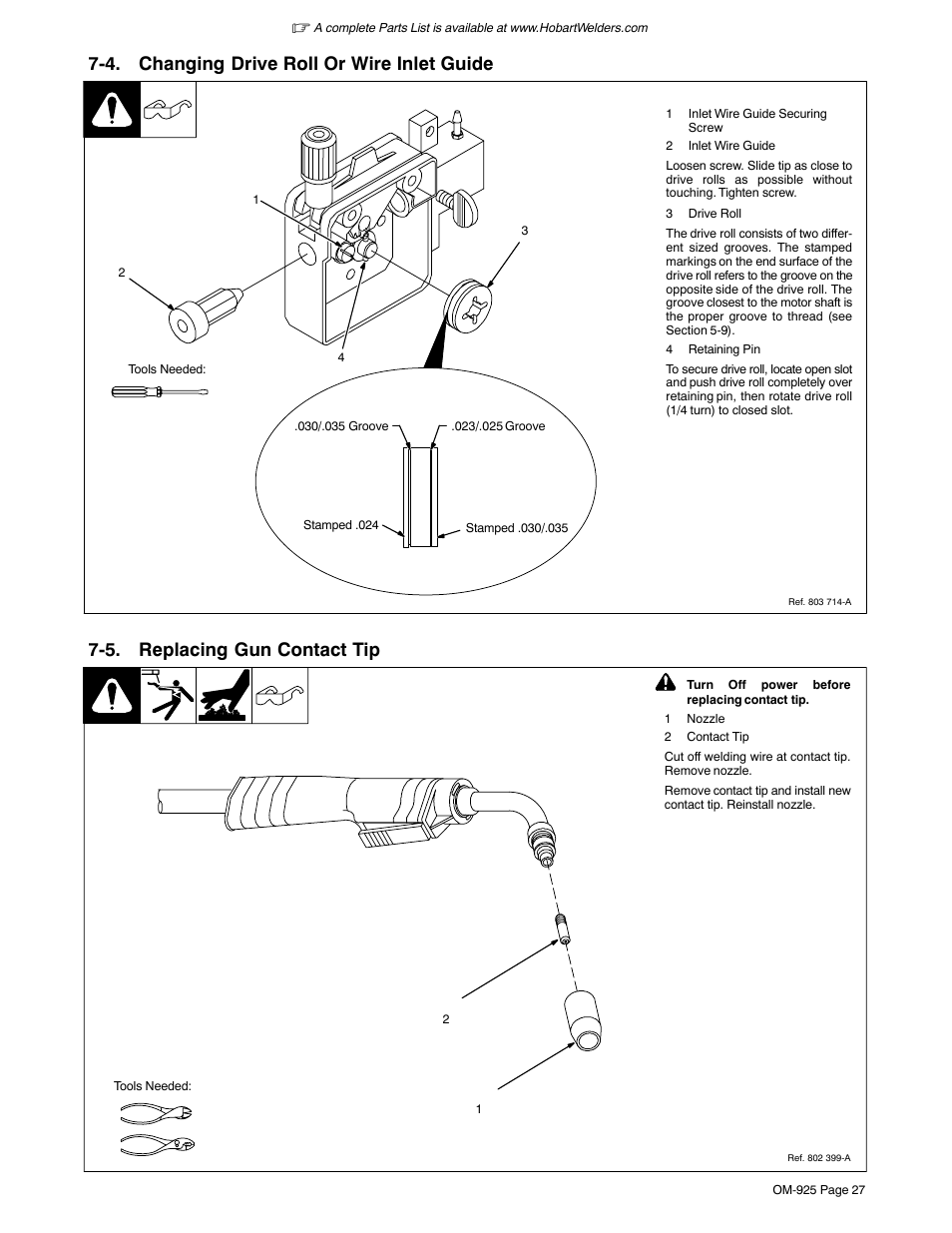 4. changing drive roll or wire inlet guide, 5. replacing gun contact tip | Hobart Welding Products HANDLER 140 OM-925 User Manual | Page 31 / 48