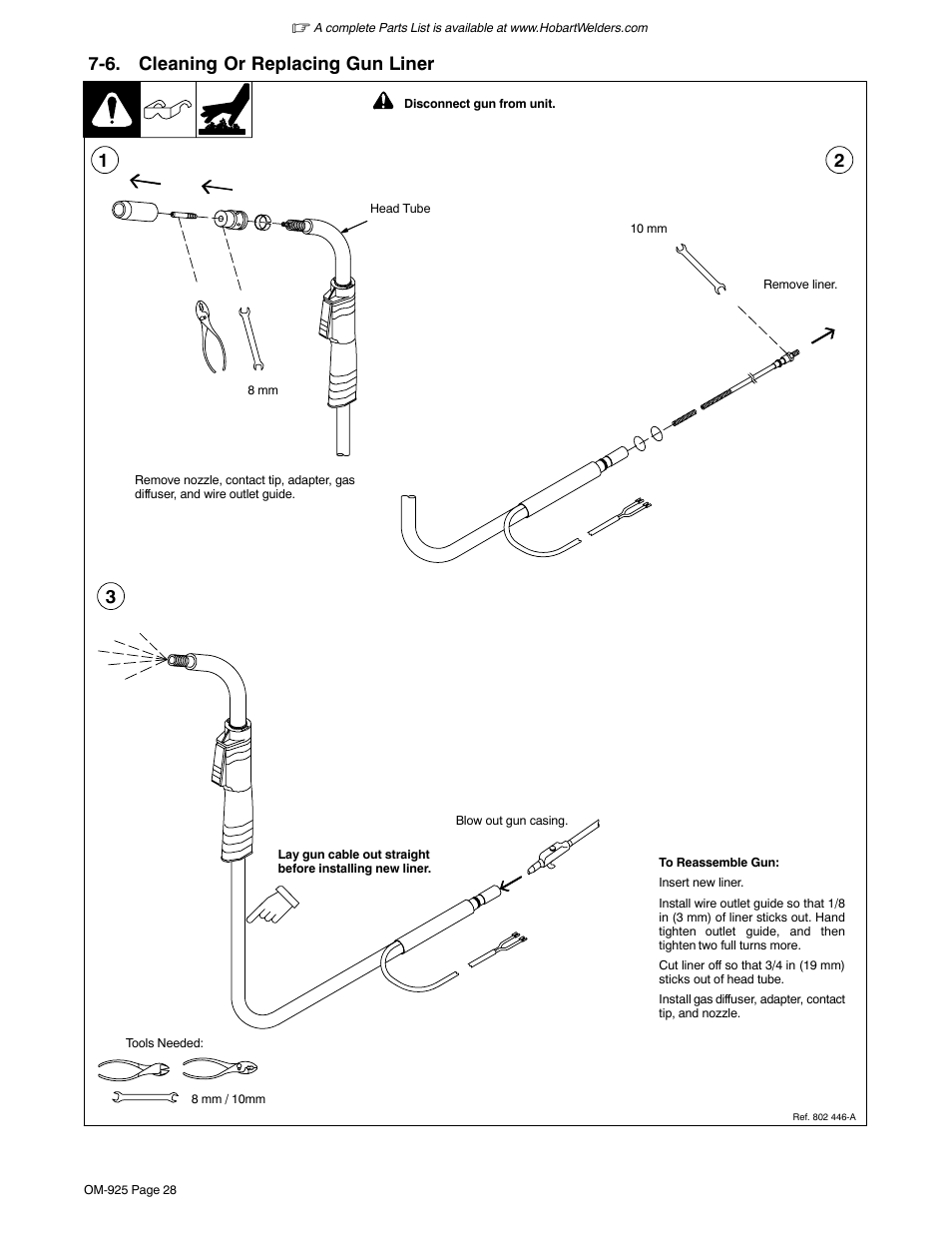 6. cleaning or replacing gun liner | Hobart Welding Products HANDLER 140 OM-925 User Manual | Page 32 / 48