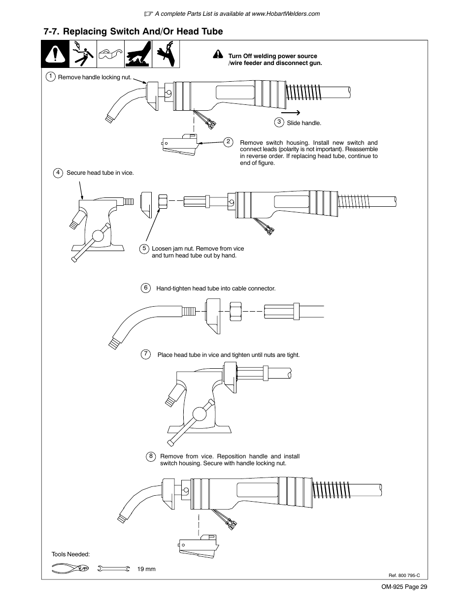 7. replacing switch and/or head tube | Hobart Welding Products HANDLER 140 OM-925 User Manual | Page 33 / 48