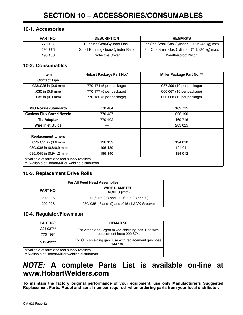 Section 10 − accessories/consumables | Hobart Welding Products HANDLER 140 OM-925 User Manual | Page 46 / 48