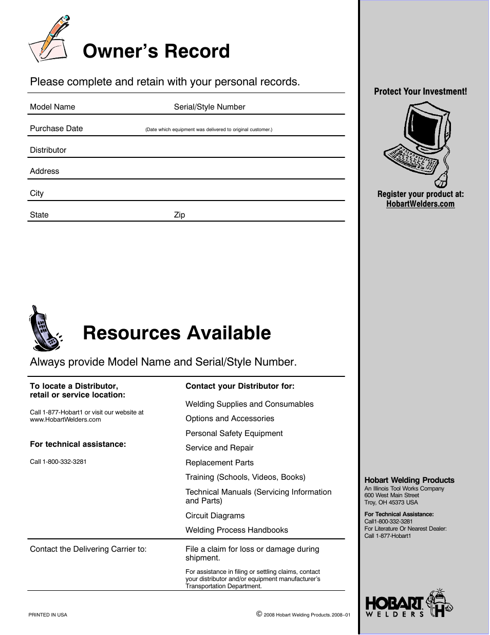 Resources available owner’s record | Hobart Welding Products HANDLER 140 OM-925 User Manual | Page 48 / 48