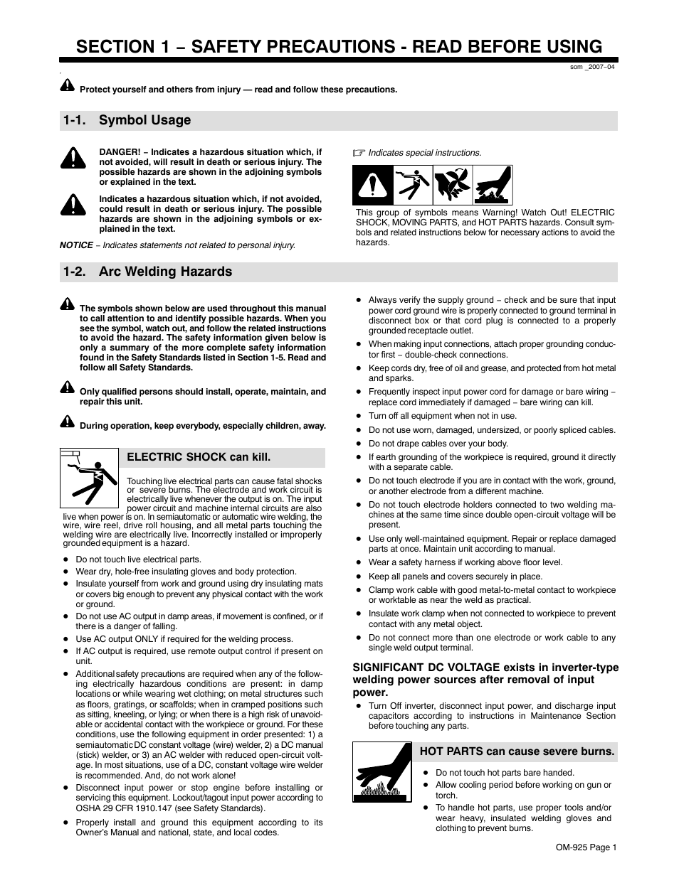 Section 1 − safety precautions - read before using, 1. symbol usage, 2. arc welding hazards | Hobart Welding Products HANDLER 140 OM-925 User Manual | Page 5 / 48