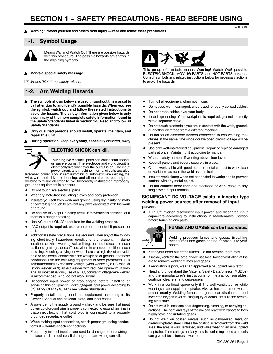 Section 1 − safety precautions - read before using, 1. symbol usage, 2. arc welding hazards | Hobart Welding Products DP-3035 User Manual | Page 5 / 28