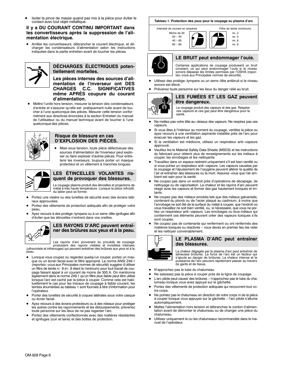 Risque de blessure en cas d’explosion des pièces, Le bruit peut endommager l’ouïe, Les fumées et les gaz peuvent être dangereux | Le plasma d’arc peut entraîner des blessures | Hobart Welding Products 250A User Manual | Page 10 / 32