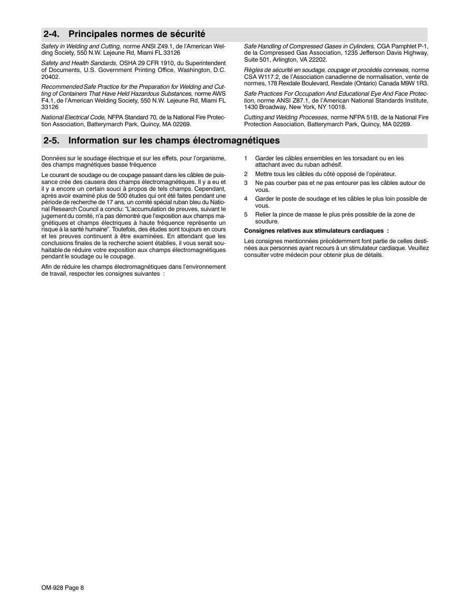 4. principales normes de sécurité, 5. information sur les champs électromagnétiques | Hobart Welding Products 250A User Manual | Page 12 / 32