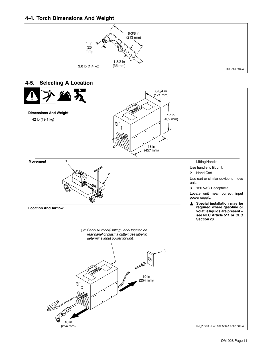 4. torch dimensions and weight, 5. selecting a location | Hobart Welding Products 250A User Manual | Page 15 / 32