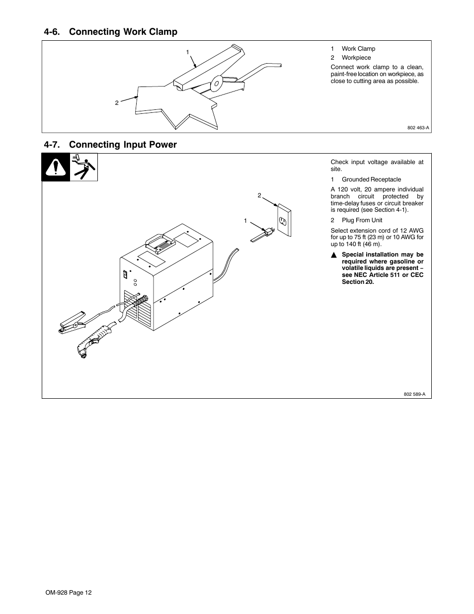 6. connecting work clamp, 7. connecting input power | Hobart Welding Products 250A User Manual | Page 16 / 32