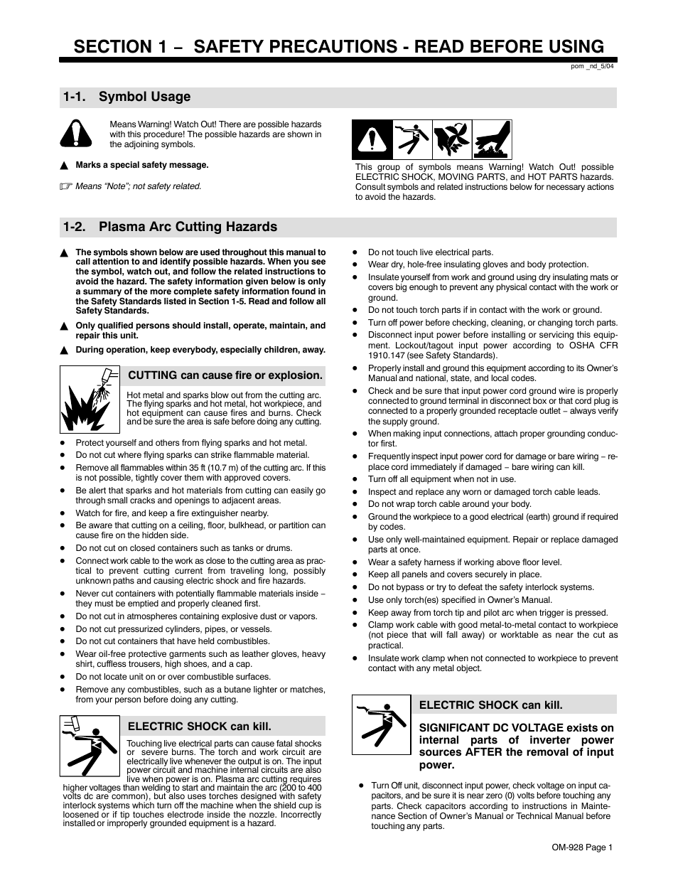 Section 1 − safety precautions - read before using, 1. symbol usage, 2. plasma arc cutting hazards | Hobart Welding Products 250A User Manual | Page 5 / 32