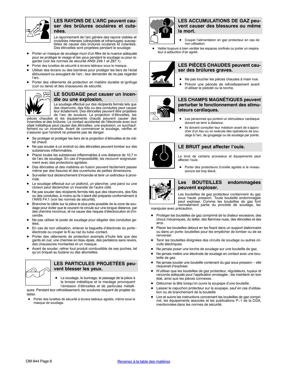 Le bruit peut affecter l’ouïe, Les bouteilles endommagées peuvent exploser | Hobart Welding Products OM-944 196 639G User Manual | Page 10 / 52