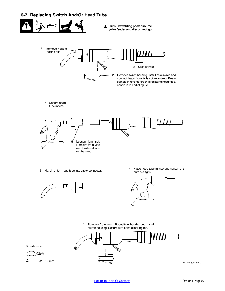 7. replacing switch and/or head tube | Hobart Welding Products OM-944 196 639G User Manual | Page 31 / 52