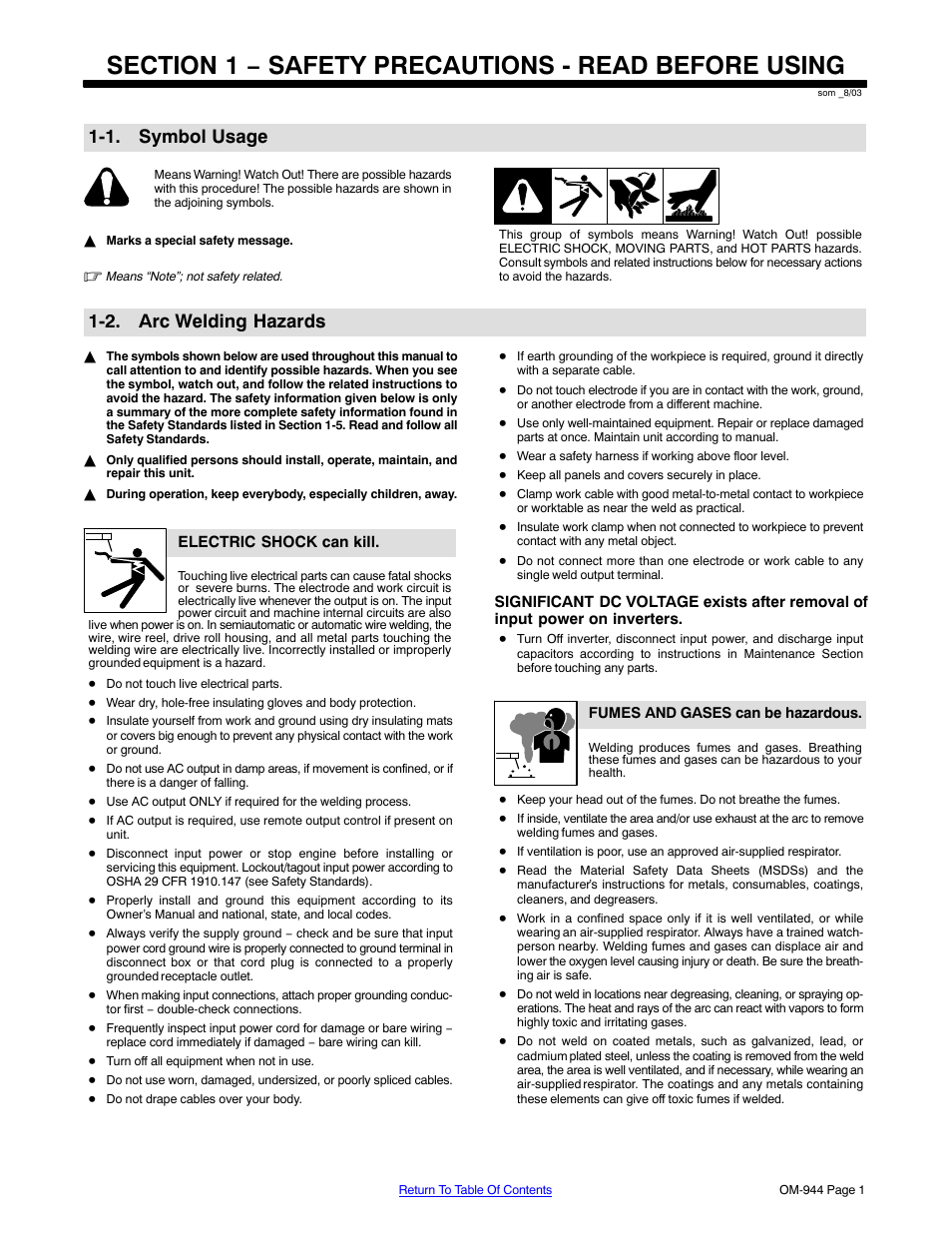 Section 1 − safety precautions - read before using, 1. symbol usage, 2. arc welding hazards | Hobart Welding Products OM-944 196 639G User Manual | Page 5 / 52