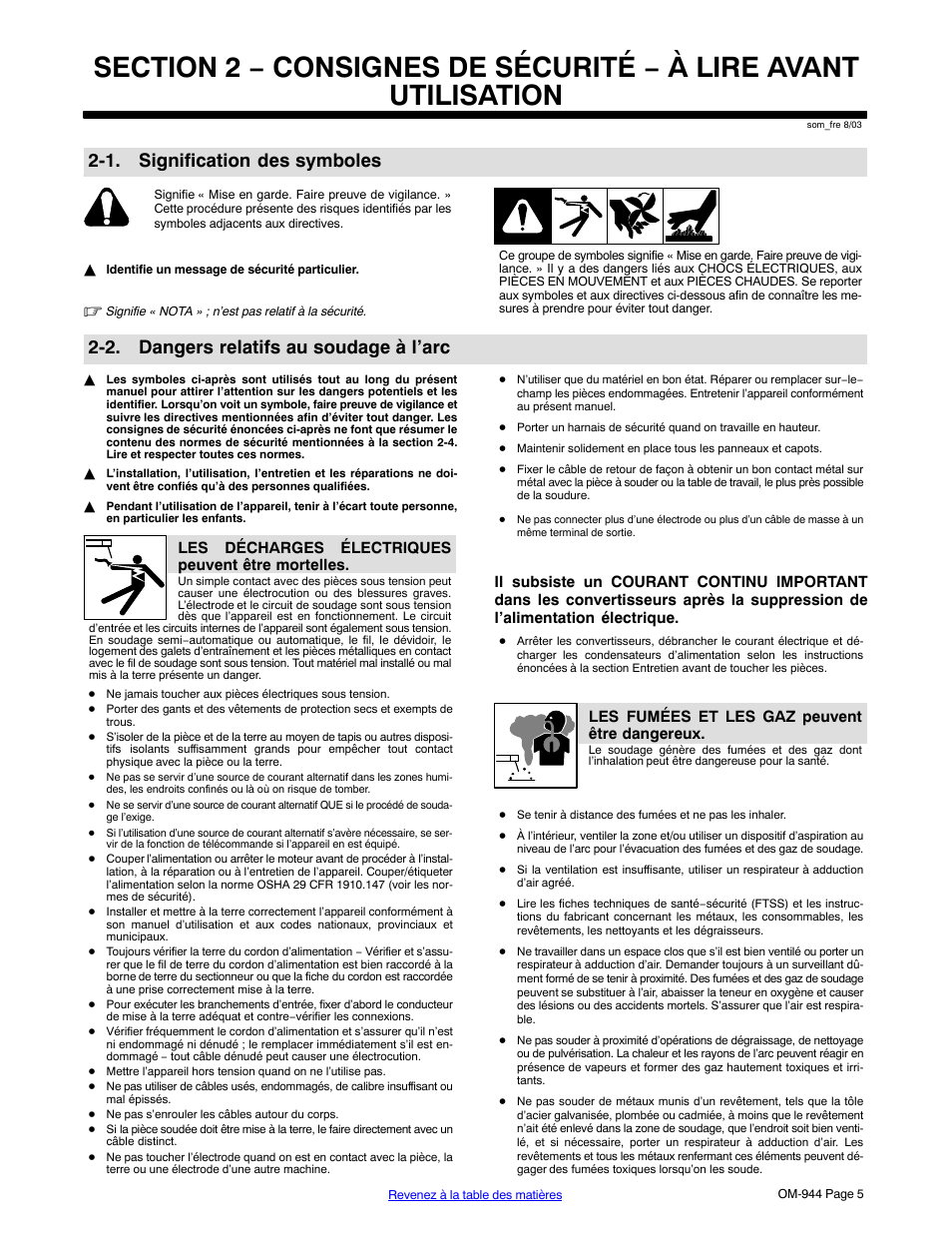 1. signification des symboles, 2. dangers relatifs au soudage à l’arc | Hobart Welding Products OM-944 196 639G User Manual | Page 9 / 52