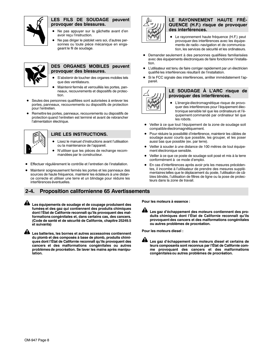 4. proposition californienne 65 avertissements | Hobart Welding Products OM-947 User Manual | Page 12 / 48