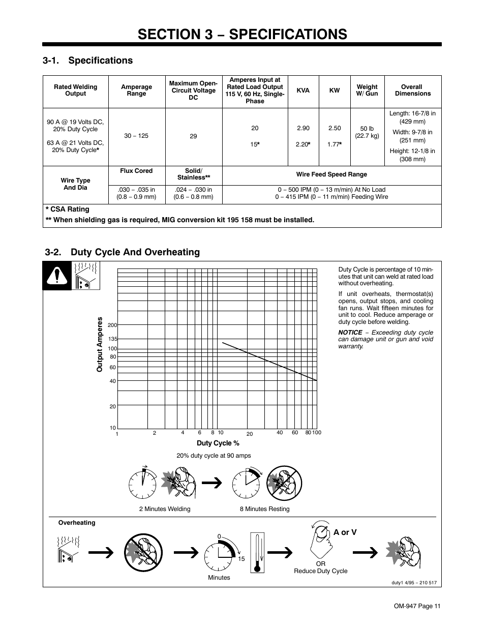 Section 3 − specifications, 1. specifications, 2. duty cycle and overheating | Hobart Welding Products OM-947 User Manual | Page 15 / 48