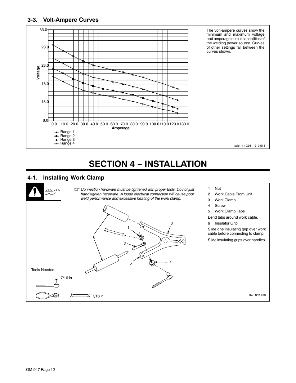 3. volt-ampere curves, Section 4 − installation, 1. installing work clamp | Hobart Welding Products OM-947 User Manual | Page 16 / 48