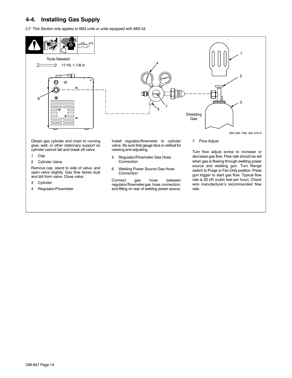 4. installing gas supply | Hobart Welding Products OM-947 User Manual | Page 18 / 48