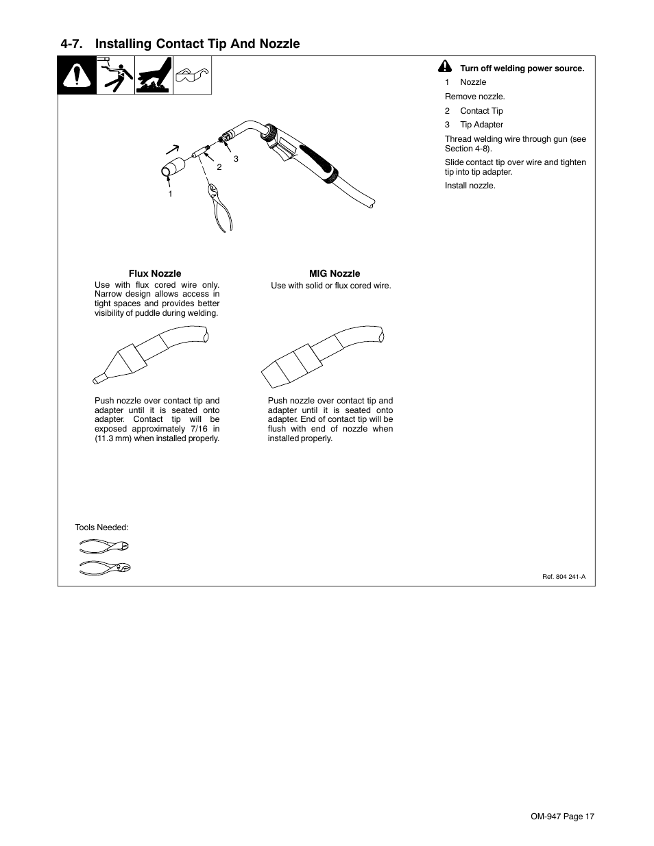 7. installing contact tip and nozzle | Hobart Welding Products OM-947 User Manual | Page 21 / 48