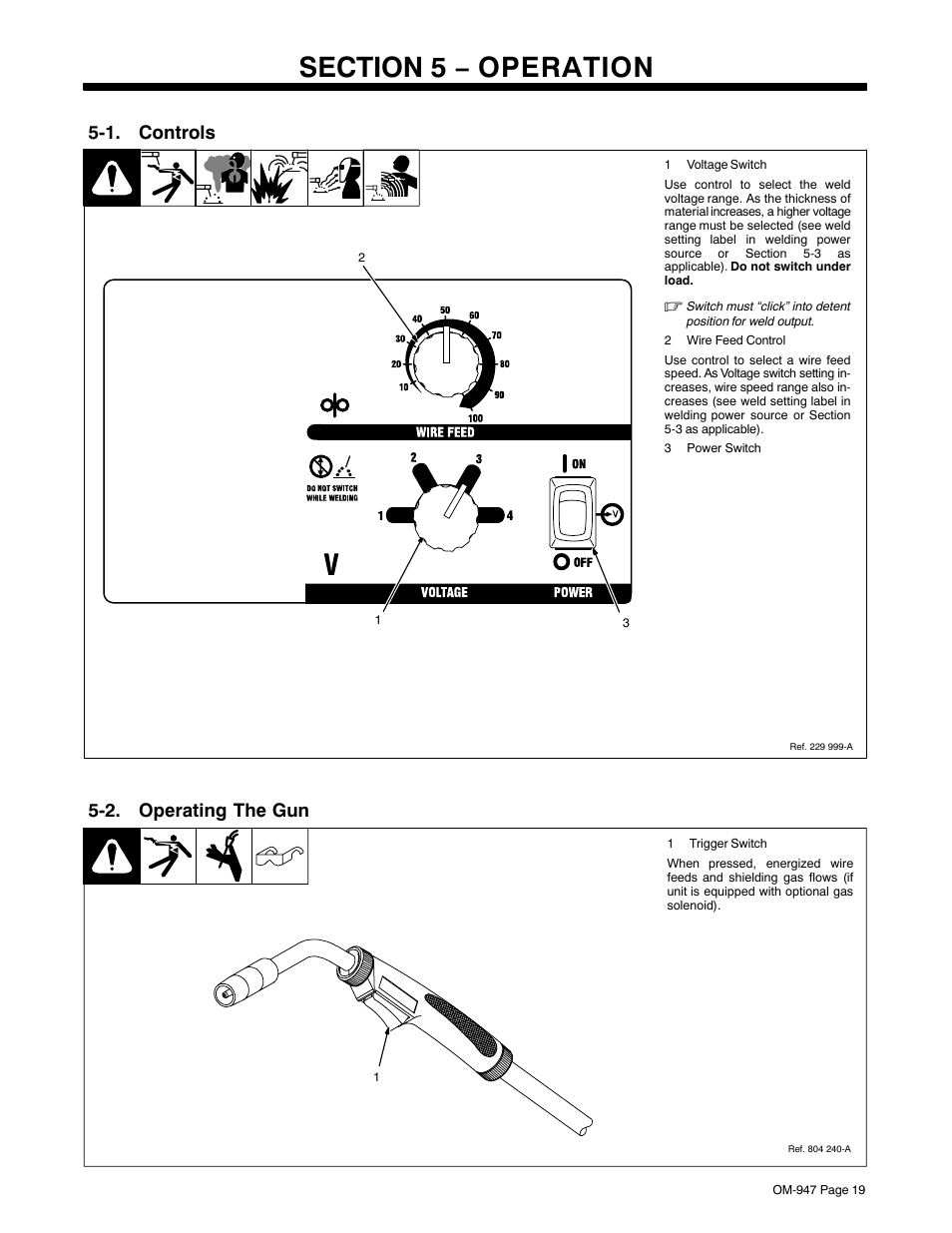 Section 5 − operation, 1. controls, 2. operating the gun | Hobart Welding Products OM-947 User Manual | Page 23 / 48