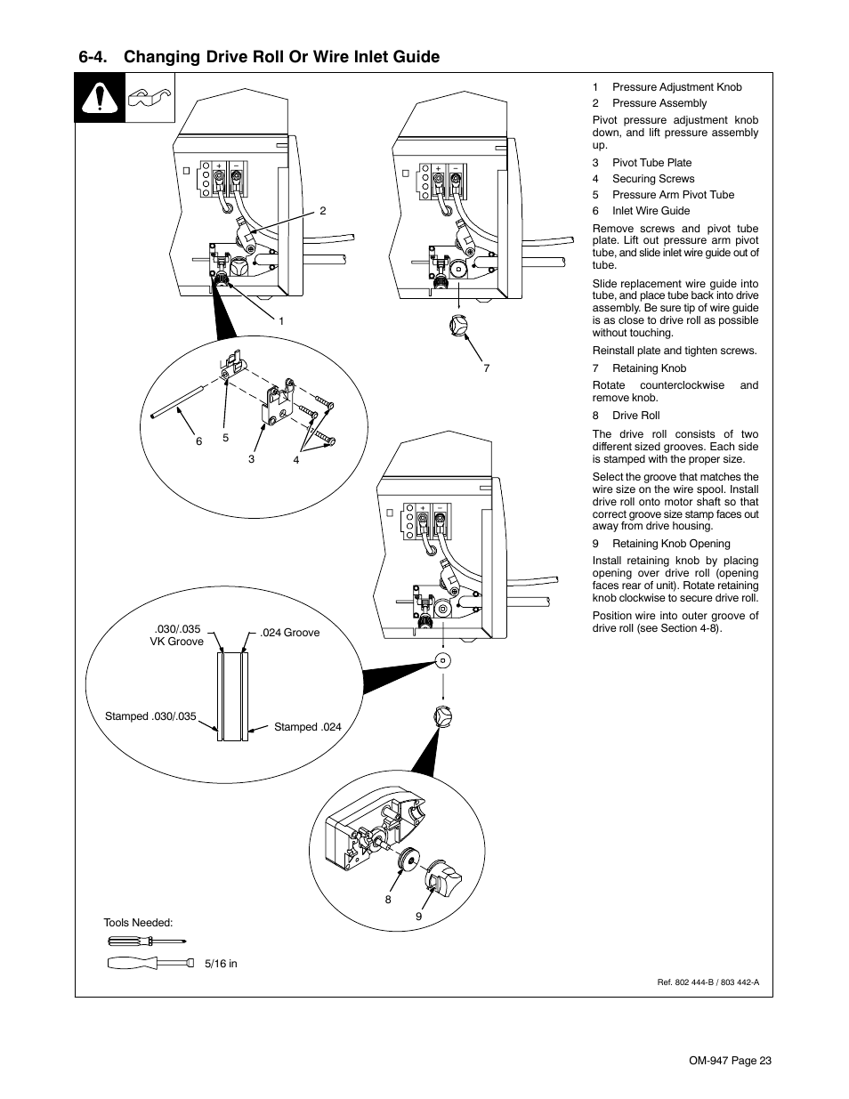 4. changing drive roll or wire inlet guide | Hobart Welding Products OM-947 User Manual | Page 27 / 48