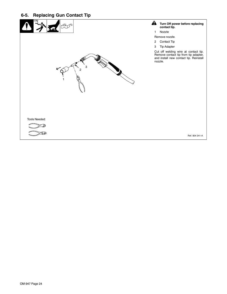 5. replacing gun contact tip | Hobart Welding Products OM-947 User Manual | Page 28 / 48