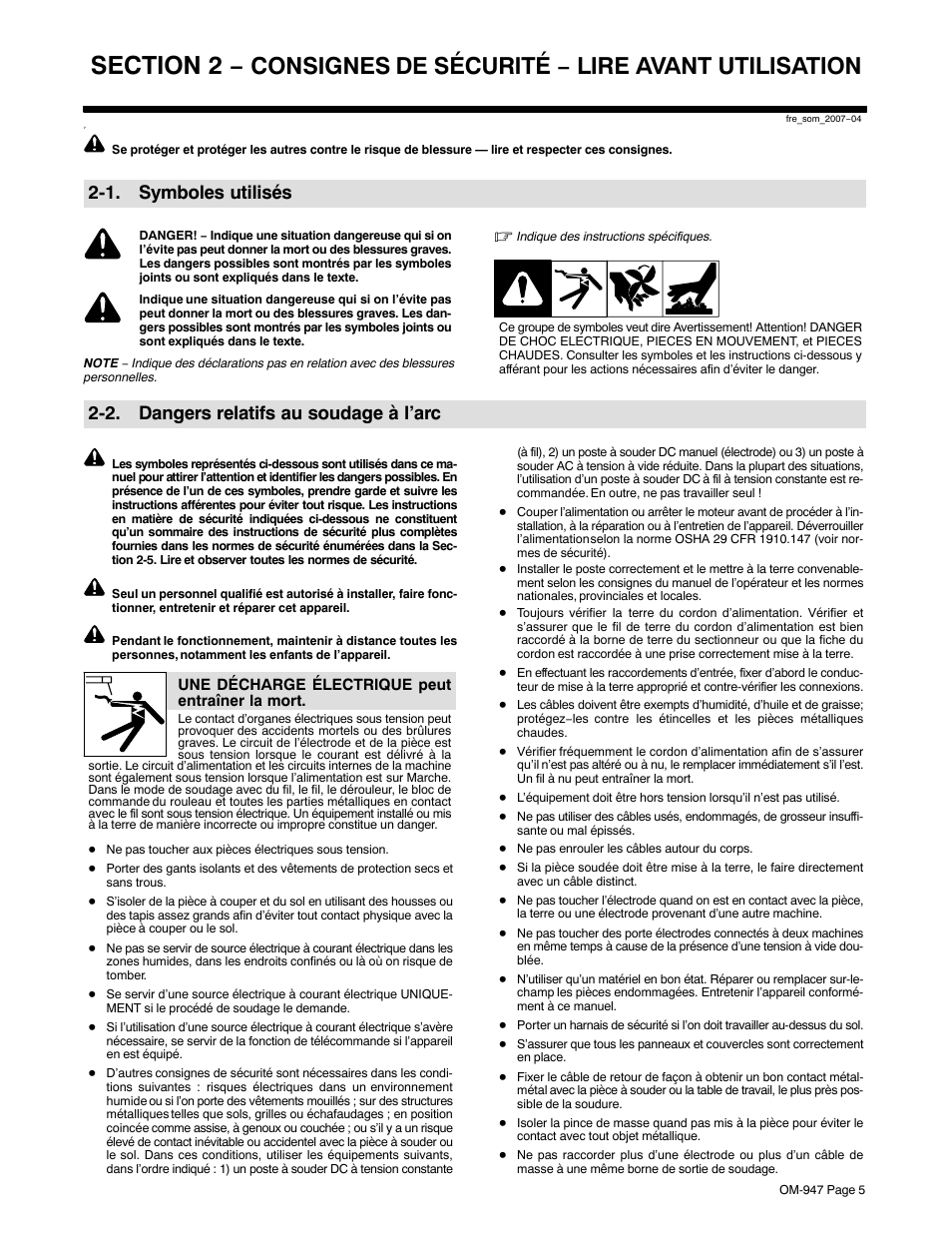 1. symboles utilisés, 2. dangers relatifs au soudage à l’arc, Consignes de sécurité − lire avant utilisation | Hobart Welding Products OM-947 User Manual | Page 9 / 48