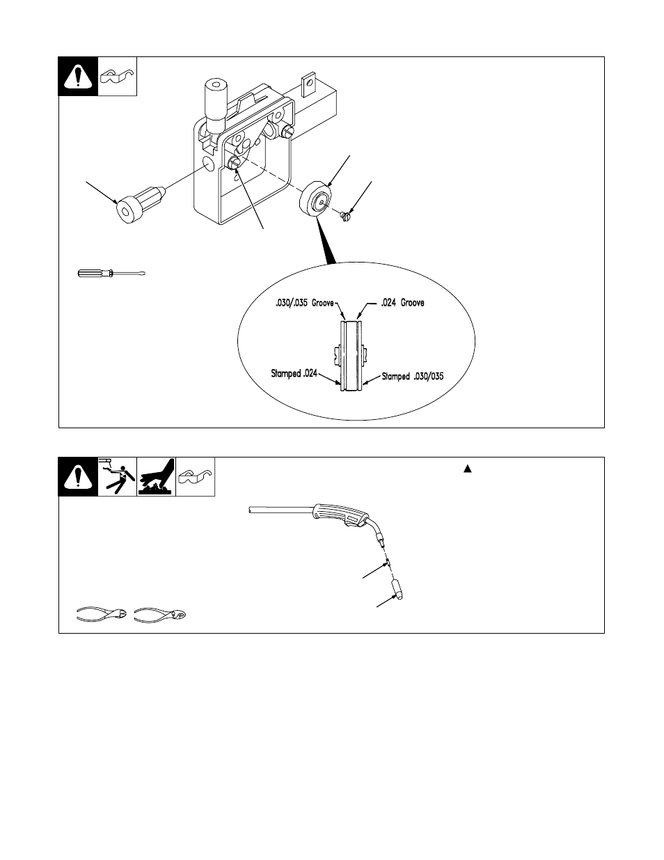 3. changing drive roll or wire inlet guide, 4. replacing gun contact tip | Hobart Welding Products 150 User Manual | Page 26 / 48