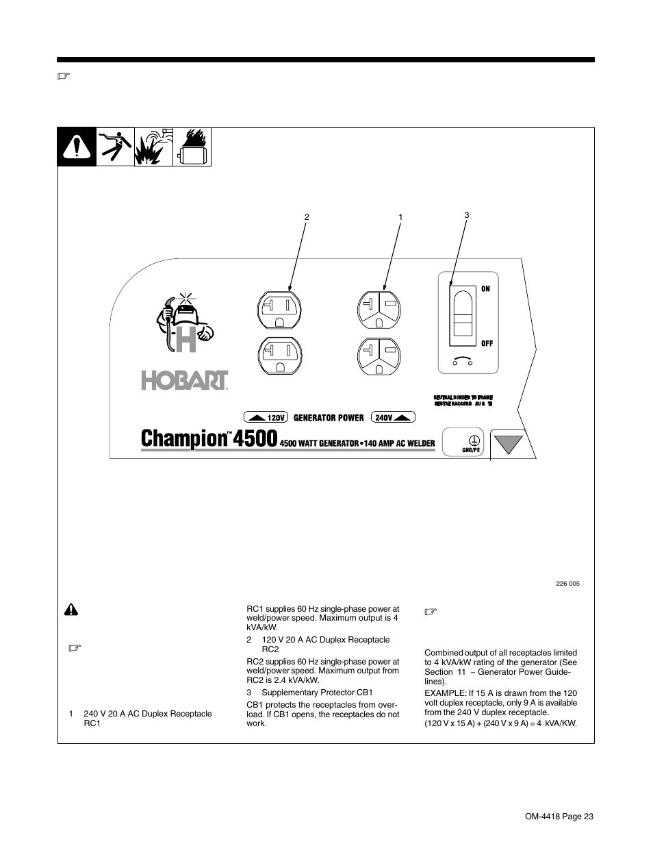 Section 7 − operating auxiliary equipment, 1. generator power panel receptacles | Hobart Welding Products CHAMPION 4500 OM-4418 User Manual | Page 27 / 52