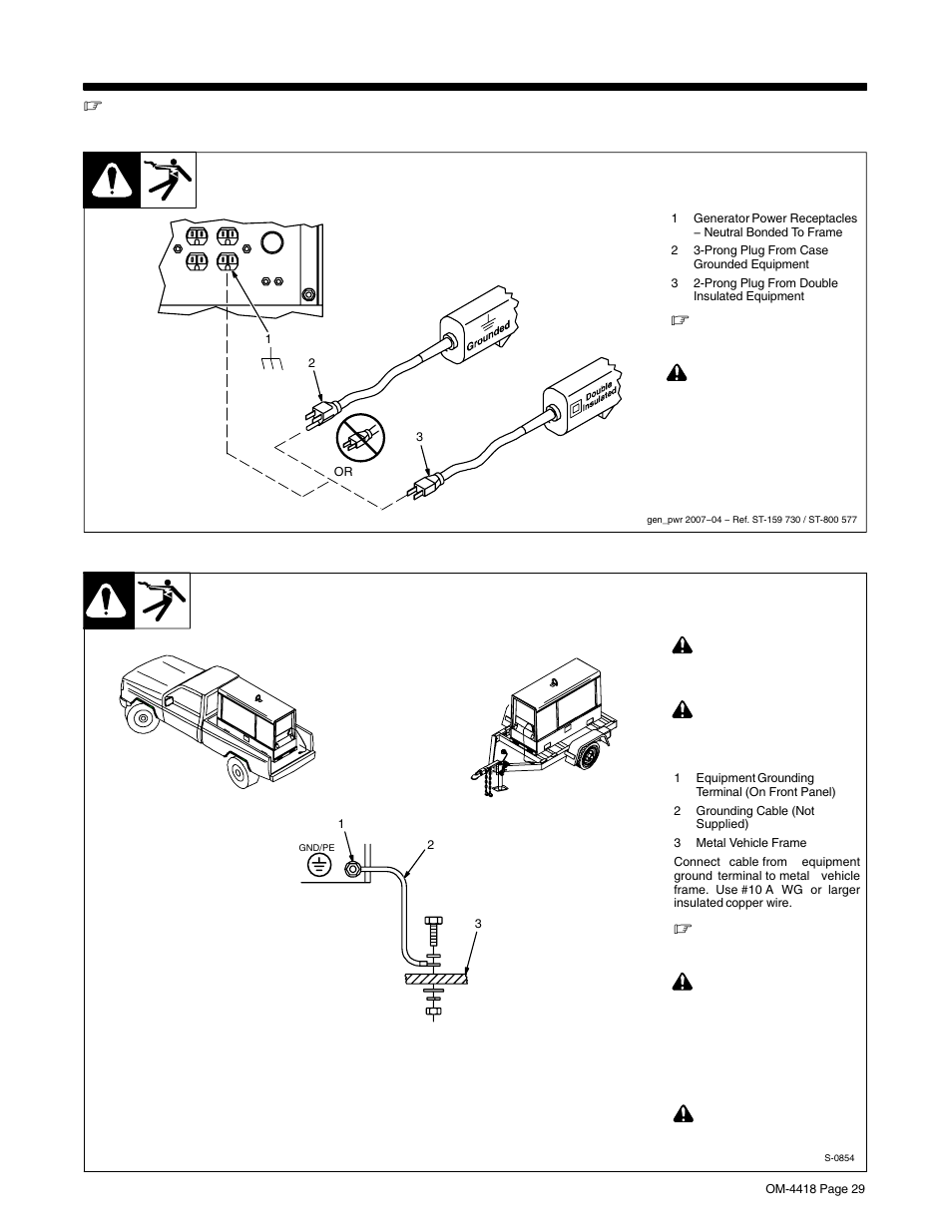 1. selecting equipment, 2. grounding generator to truck or trailer frame | Hobart Welding Products CHAMPION 4500 OM-4418 User Manual | Page 33 / 52