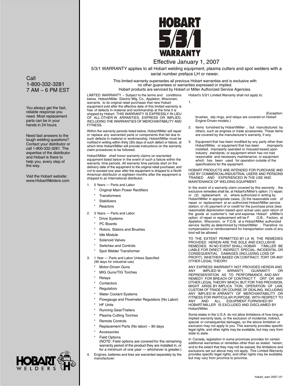 Warranty questions | Hobart Welding Products CHAMPION 4500 OM-4418 User Manual | Page 51 / 52