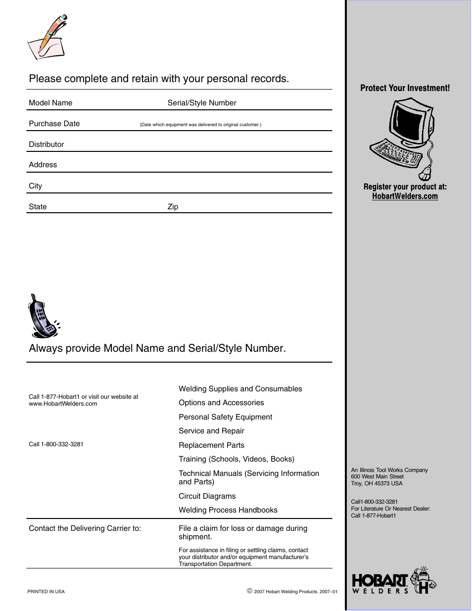 Resources available owner’s record | Hobart Welding Products CHAMPION 4500 OM-4418 User Manual | Page 52 / 52