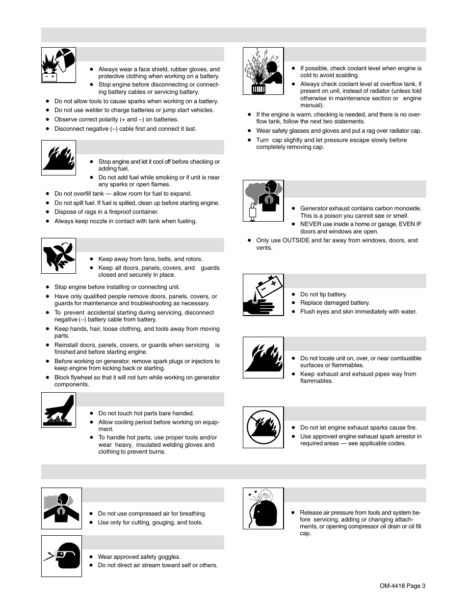 3. engine hazards, 4. compressed air hazards | Hobart Welding Products CHAMPION 4500 OM-4418 User Manual | Page 7 / 52