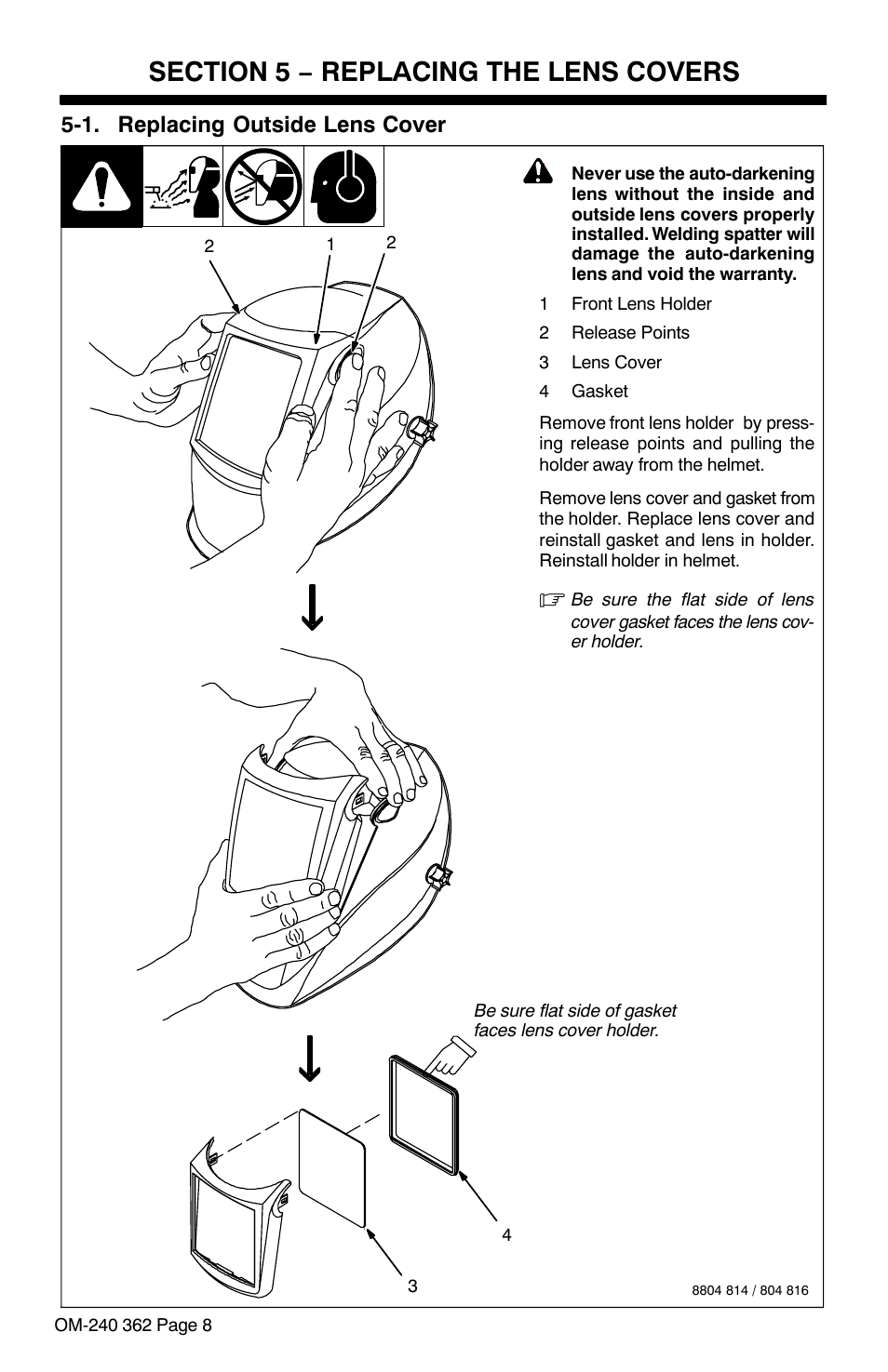 Section 5 − replacing the lens covers, 1. replacing outside lens cover | Hobart Welding Products HOOD XVX User Manual | Page 10 / 20