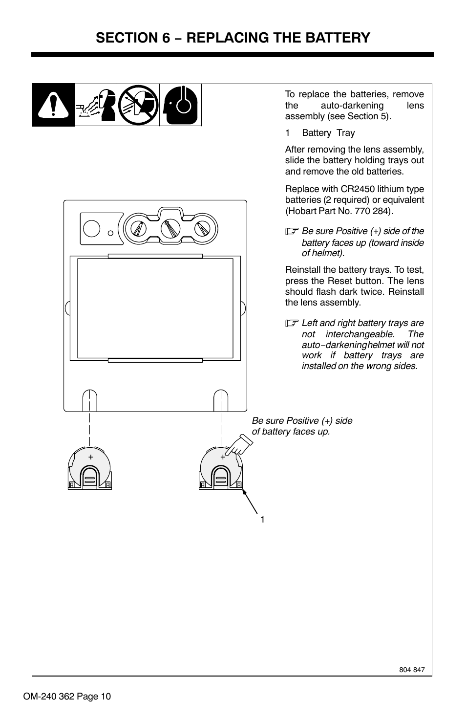 Section 6 − replacing the battery | Hobart Welding Products HOOD XVX User Manual | Page 12 / 20