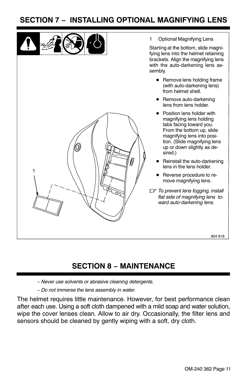 Section 7 − installing optional magnifying lens, Section 8 − maintenance | Hobart Welding Products HOOD XVX User Manual | Page 13 / 20