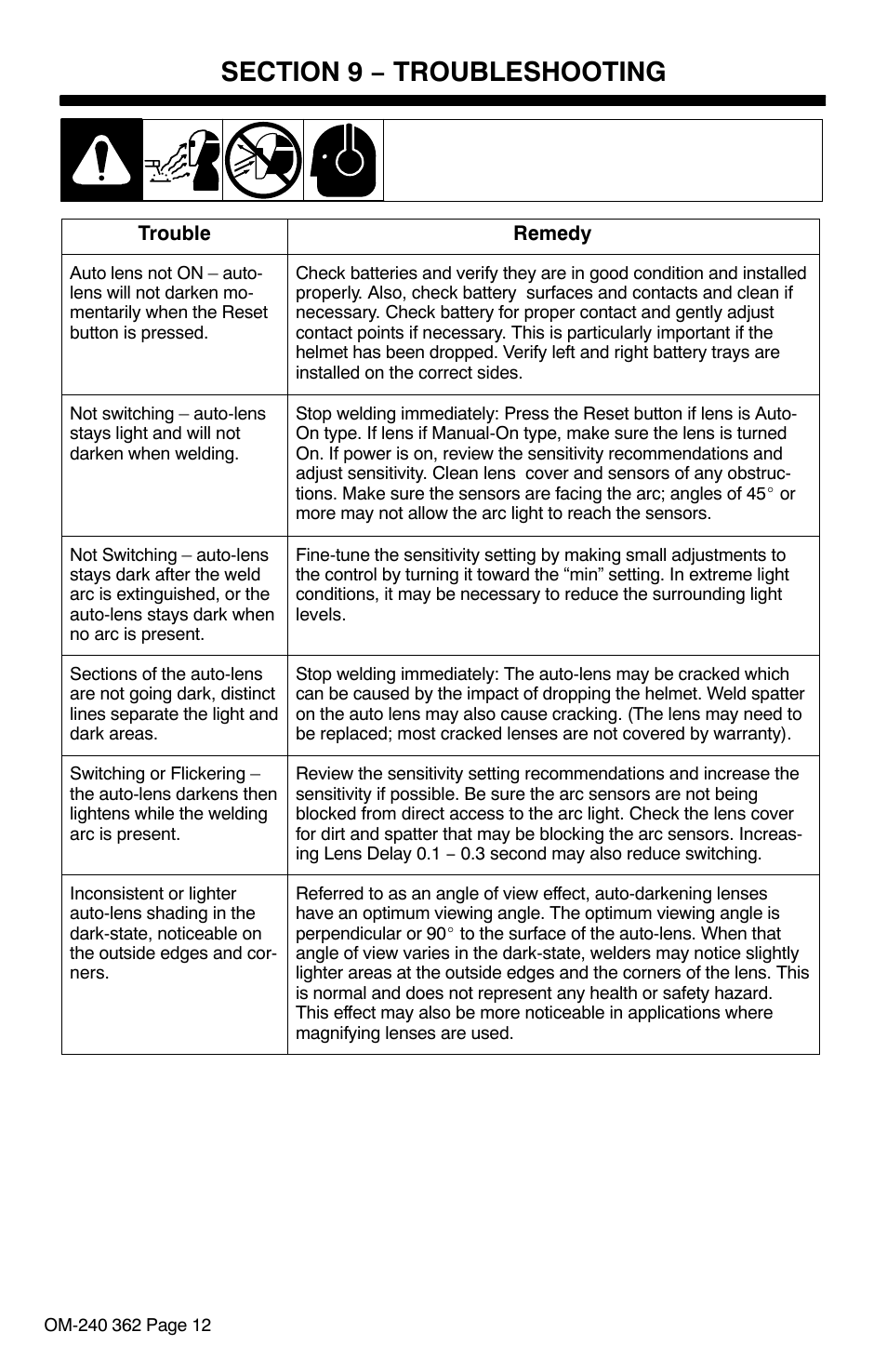 Section 9 − troubleshooting | Hobart Welding Products HOOD XVX User Manual | Page 14 / 20